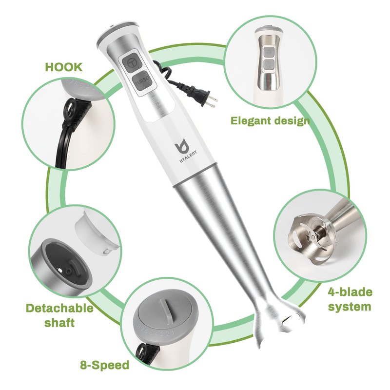 Immersion Hand Blender, UTALENT 5-in-1 8-Speed Immersion Blender with 500ml