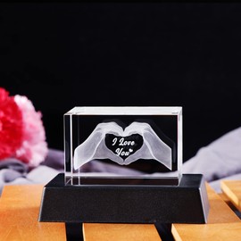Crystal Gifts for Her Engraved 3D Heart in Hands with I Love You Keepsake for Women Men on Anniversary Birthday, Night Light Ornament for Him Valentine's Day