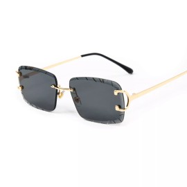 Unbranded Gem Cut Dark Black Tint Gold Frame Rimless Luxury Rectangle Sunglasses