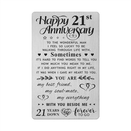 FALOGI 21st Wedding Anniversary Card Gifts for Him Husband, Happy 21 Year Anniversary Card Presents, Metal Engraved Wallet Card