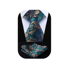 HISDERN Ties for Men Teal Paisley Tie and Pocket Square Woven Classic Floral Mens Tie Handkerchief Set Wedding Party Necktie Aqua Turquoise