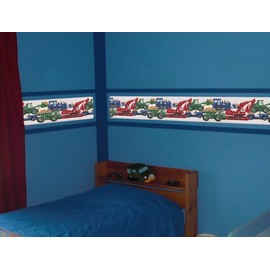 Truck Backhoe Excavator Car Kids Wallpaper Border Retro Design, Roll 15' x 9"