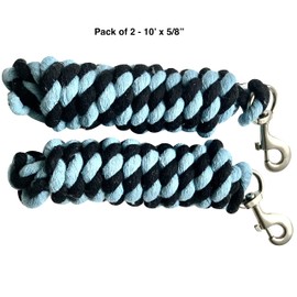 Majestic Ally Pack of 2 Solid Cotton Lead Rope for Horses & Livestock – 10 Foot Long and 5/8 inch Thick - Replaceable Heavy-Duty Satin Bolt Snap – Handmade – Soft, Broken in Feel (Sky Blue - Black)