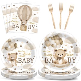 96Pcs We Can Bearly Wait Party Tableware Set Baby Shower Party Supplies Includes Plates Napkins Forks Bearly Wait Party Dinnerware Set Brown Bear Theme Party Decoration for Baby Shower Party Serve 24