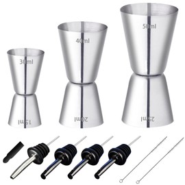 RUIJIE Set of 3 Cocktail Measuring Cups Stainless Steel Bar Measure 3 cl / 4 cl / 5 cl Small Jigger with Inner Scale Dual Gin Measuring Cups with 4 Bottle Pourers & 2 Brushes Double Size for Bar Party