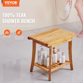 VEVOR Teak Shower Bench, 20in Waterproof Wood Shower Stool with Storage Shelf Non-Slip Foot Pads, 400 lbs Load Capacity Shower Chair Seat, for Bathroom Indoor and Outdoor Use