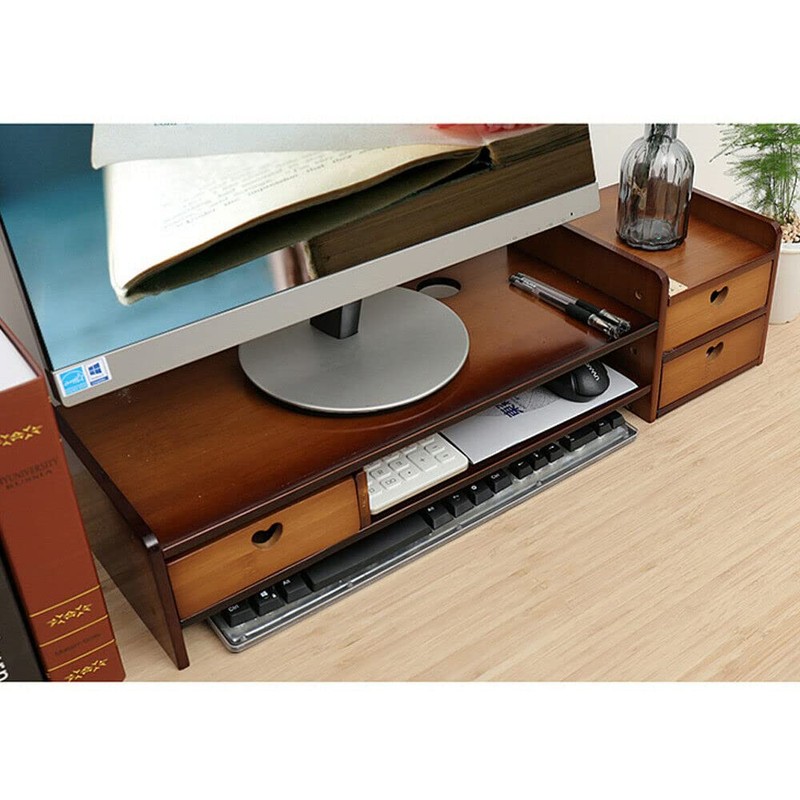 GDAE10 Monitor Stand Riser with 3 Drawers 2-Tier Bamboo Wood