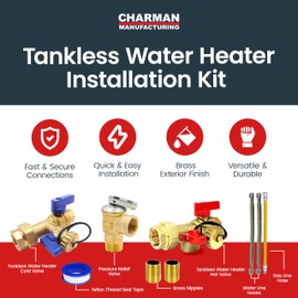 CMI Inc - 3/4 inch Complete Kit Tankless Water Heater Isolation Service Valve – Female to Female Threaded Brass with Pressure Relief, Full Port Drain - Compatible with Most Tankless Water Heater Brand