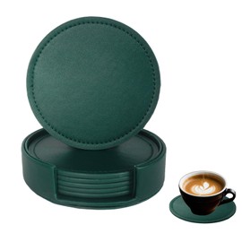 Bdfgh Set of 6 Leather Coasters with 1 Holder for Drinks, Drink Coasters Table Coaster Room/Kitchen/Living Room Accessories, for Cups Mugs Housewarming Gifts Home Decoration Green Navy Black (Green)