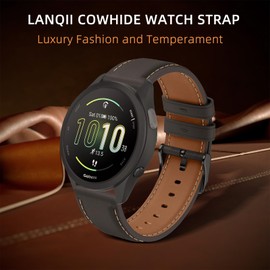 LanQii 20 mm Leather Strap for Garmin Vivoactive 6/Vivoactive 5/3/Forerunner 165/245 Watch Strap, Soft Leather Replacement Strap for Garmin Venu Sq 2/Venu 2 Plus/vívomove Trend/Sport, Black