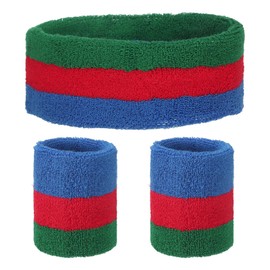 sourcing map Sweat Band Set Sports Terry Cloth Headband Wristband Set 7"x2" Moisture Wicking Sweat Absorbing Head Band for Women Men Workout Exercise Basketball(Green/Red/Blue)