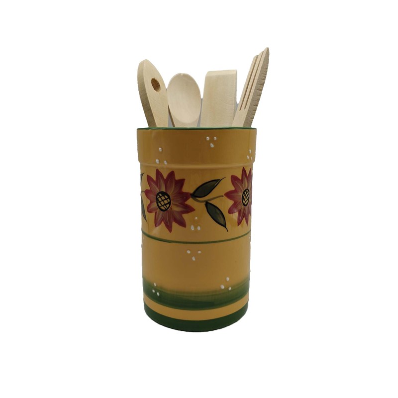 ACK Country Sunflower Hand Painted Ceramic Utensil Jar With Wooden