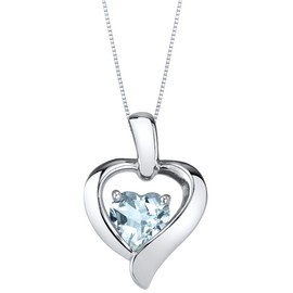 PEORA Aquamarine Pendant Necklace for Women Sterling Silver, Heart in Heart Shape Design, Genuine Gemstone, 0.75 Carat Heart Shape 6mm, with 18 inch Italian Chain, Blue Aquamarine Necklace,