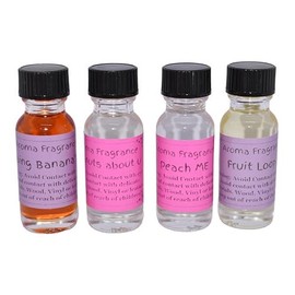 4 Pc Multi Scent 1/2oz Fun Fruity Scented Fragrance Oils Going Bananas, Peach Me, Fruit Loop, Coconuts About U, Electric & Non Electric Warmer Scents