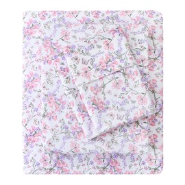 Mooreeke Cozy Vintage Microfiber Printed Queen Sheet Set - Soft Breathable Percale Cotton Floral Bed Sheets with Deep Pocket - Non-Slip Fitted Design - Pink Purple Flowers Pattern