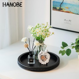 Hanobe Wood Decorative Tray Round: Black Beaded Coffee Table Tray Circle Modern Wooden Trays Home Decor Kitchen Counter Centerpiece Organizer