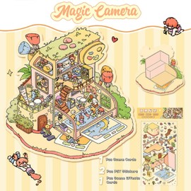 4Pcs DIY 3D Fun Mini House Stickers with Tweezers Make Your Own Sticker Supermarket Coffee Shop Restaurant Bookstore 3D House Sticker Set Funny Cartoon Scene Stickers for Relief Stress Pass The Time