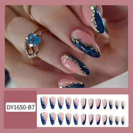 Press on Nails Medium Pink Blue Almond False Nails Gold Foil Design Coffin Nails Full Cover Artificial Stick on Nails Reusable Acrylic Nails Glossy Glue on Nails for Women DIY Manicure Kit 24Pcs