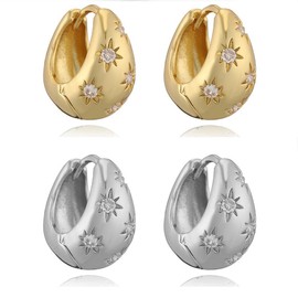 2 pair 925 Sterling Silver CZ Star Chunky Small Hoop Earrings for Women Sensitive Ear Dainty 14K Gold Plated Oval Crystal Stars Hypoallergenic Sleeper Huggie Hoops Minimalist Fashion Trendy Jewelry