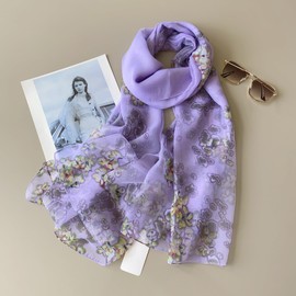 BRMM MIA Ultra Thin Large Scarf, Scarf, Flower Shawl, Large Stole, Silk, Women's, Spring/Summer, Elegant, Stylish, Sea, Travel, Sun Protection, UV Protection, purple