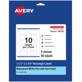 Avery Waterproof Rectangle Labels with Sure Feed, Print to the Edge, 1.5" x 2.75", 50 White Labels (36554)