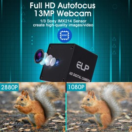 ELP USB13MAF-KV75 13 Megapixel Autofocus USB Camera with IMX214 Sensor, 2880P Mini Web Video Conferencing Camera, Plug and Play Webcam for PC Desktop, 13MP Webcam UVC with 75 Degrees No Distortion