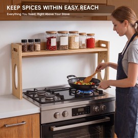 Woodever Bamboo Over the Stove Spice Shelf, 31.5" over the stove shelf, 3 Height-Adjustable Kitchen Counter Shelves, Bamboo Spice Storage Rack for Most Stovetops, Easy Assembly