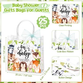 Sinload 25 Pack Baby Shower Gifts Bags for Guests Oh Baby Animal Gifts Bag with Handle Clear Plastic PVC Bags with Green Ribbon for Gender Reveal Party Guest Gift