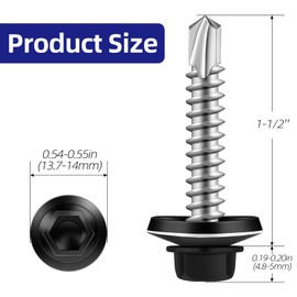 Etauwe #10 x 1-1/2" Zinc Plated Steel Self Drilling Roofing Screws, Hex Head Self Tapping Screws with EPDM Washer, Black Head, 100 PCS