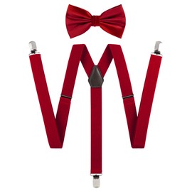 TIE G Solid Color Men's Suspender + Woven Bow Tie Set for Wedding : Vivid Color, Adjustable Brace, Strong Enhanced Clip, Elastic Band (Scarlet Red)