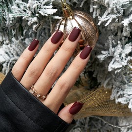 BTArtbox Press on Nails Short Square - Dark Red Nails with Glossy French Tips in a Matte Finish, Soft Gel Fake Nails Glue On Nails in 16 Sizes for Christmas, Cozy Cocoa