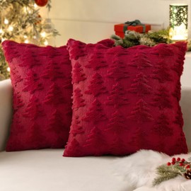 MIULEE Burgundy Red Throw Pillow Covers Christmas Tree Decorative Pillow Covers 20x20 Inch Soft Plush Faux Wool Pillow Covers Set of 2 Farmhouse Couch Pillows Home Decors for Sofa Livingroom Bed