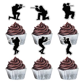 MEFENG 18Pcs Paintball Cupcake Toppers - Glitter Video Game Theme Cupcake Decorations - Happy Birthday Party Supplies for Man