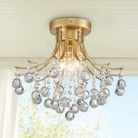 Bestier Modern Gold Crystal Semi-Flush Mount Chandelier Lighting Ceiling Light Fixture Lamp for Diningroom Bathroom Bedroom Livingroom 3 E12 Bulbs Required D13.5 inch X H11.6 inch