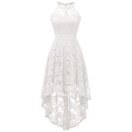 Dressystar Women's Halter Floral Lace Cocktail Dress Hi-Lo Bridesmaid Party Dress with Sheer Neckline 2028 White S