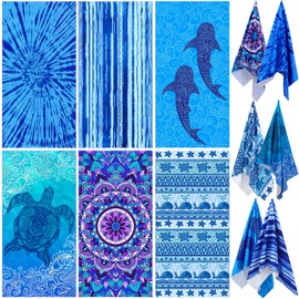 FuWeave 6 Pcs Oversized Beach Towel Set Large Sand Free Microfiber Bath Towel Thin Lightweight Absorbent Quick Dry Pool Towels for Adult Beach Hotel Bath Spa Picnic Yoga (Flower Ocean,71 x 32 Inch)