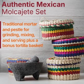 Mexican Molcajete Bowl with Tortilla Basket by Verve Culture, Basalt Volcanic Stone Mortar and Pestle, Rough Surfaced Mexican Kitchenware for Mixing and Grinding, Oven Safe, 7” Grinding Bowl