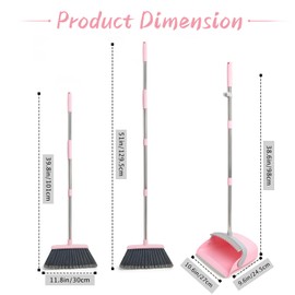OOOFLOWER Broom and Dustpan Combo Set, Long Handle and Standing Dust Pan with Comb Teeth, Efficient Floor Cleaning for Kitchen, Outdoor, Dorm, Apartment, Office Lobby (Pink Gray)