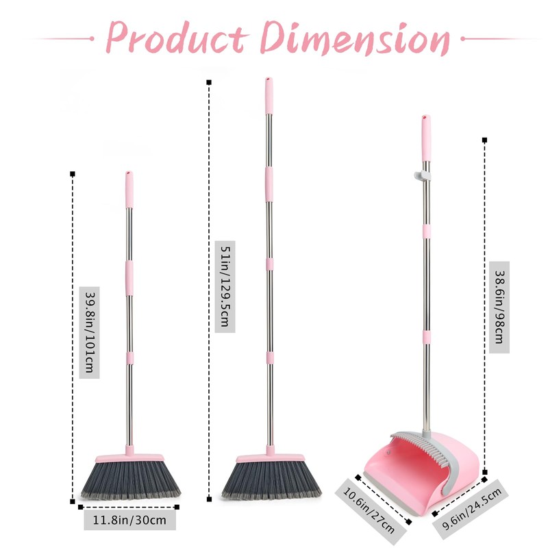 OOOFLOWER Broom and Dustpan Combo Set, Long Handle and Standing