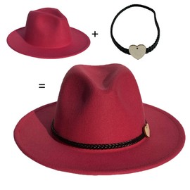 JK Home Wide Brim Fedora Hat - Felt Panama Cap - 2pcs Adjustable Bands - Vintage Style Cosplay Rose Red