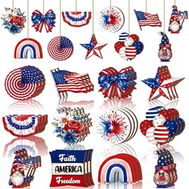 24 Pcs 4th of July Hanging Ornaments with Ropes Tree Independence Day Patriotic Wooden American Flag Memorial Day Party Decorations Supplies