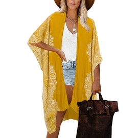 Moss Rose Women's Beach Cover up Swimsuit Kimono with Bohemian Floral Print, Loose Casual Resort Wear Mustard