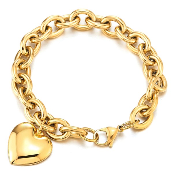 COOLSTEELANDBEYOND Gold Color Stainless Steel Rolo Chain Bracelet with Dangling