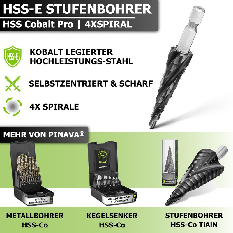Pinava Step Drill HSS Cobalt Pro 4XSPIRAL [Faster, Precise, Durable]