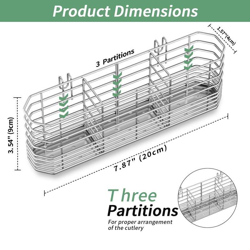 304 Stainless Steel Utensil Holder, Silverware Drying Rack with Hooks