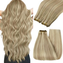 YoungSee Sew in Hair Extensions Real Human Hair Highlight Hair Extensions Weft Dark Ash Blonde Highlighted Light Blonde Full Head Sew in Bundles Human Hair 16Inch 100G