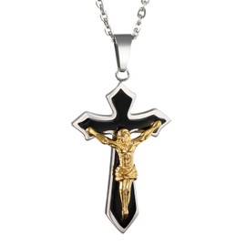 OIDEA Men's Jesus Cross Necklace: Jesus Crucifix Pendant with Wheat Chain Christian Cross Chain Biker Venetian Chain Religious Jewellery Gift for Men Father Friend, Stainless Steel, No Gemstone