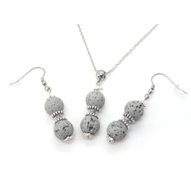Damen-Ohrringe und Halskette-Schmuckset mit grauem Lavastein-Perlenanhänger und tibetischen Perlen