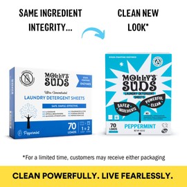 Molly’s Suds Laundry Detergent Sheets | Gentle on Sensitive Skin, Powerful Bio-Based Enzymes, Stain-Fighting | Liquidless & Plastic-Free Packaging | 70 Loads (Peppermint)