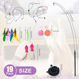 SUPERPAWS 19PCS Teaser Cat Feather Toys Set -with 2 Suction Cup,2 Wands,Including 2 Fish Head,Interactive Toy for Indoor Cat -Kitten Toys for Teaser Play and Chase Exercise